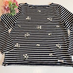 Talbots Thick Knit Cotton Blue Striped Embroidered Daisies Long Sleeve T SPRING
